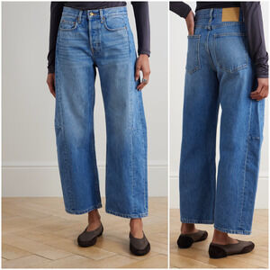 B SIDES $385 Slim Lasso Mide Rise Barrel-Leg Jeans Mid denim blue size 27